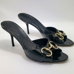 GUCCI Black Patent Leather Slides Horsebit Hardware 6.5